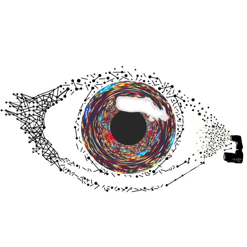 A colorful eye drawn as a network, with a camera aimed at it