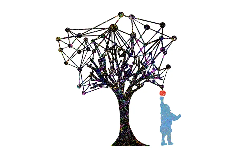 A network tree with a child reaching for its one red apple